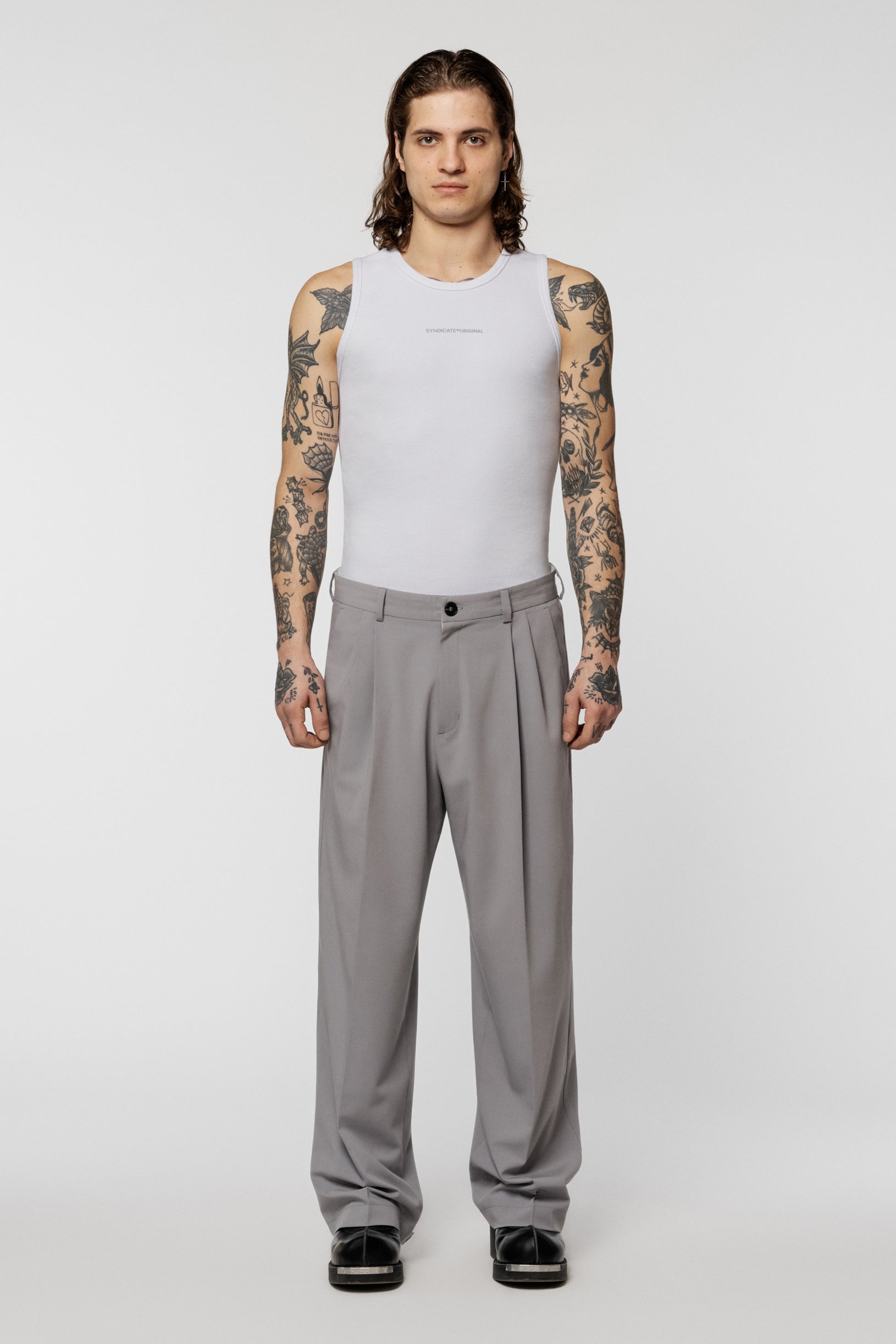 Grey wide-cut trousers made of viscose suit fabric