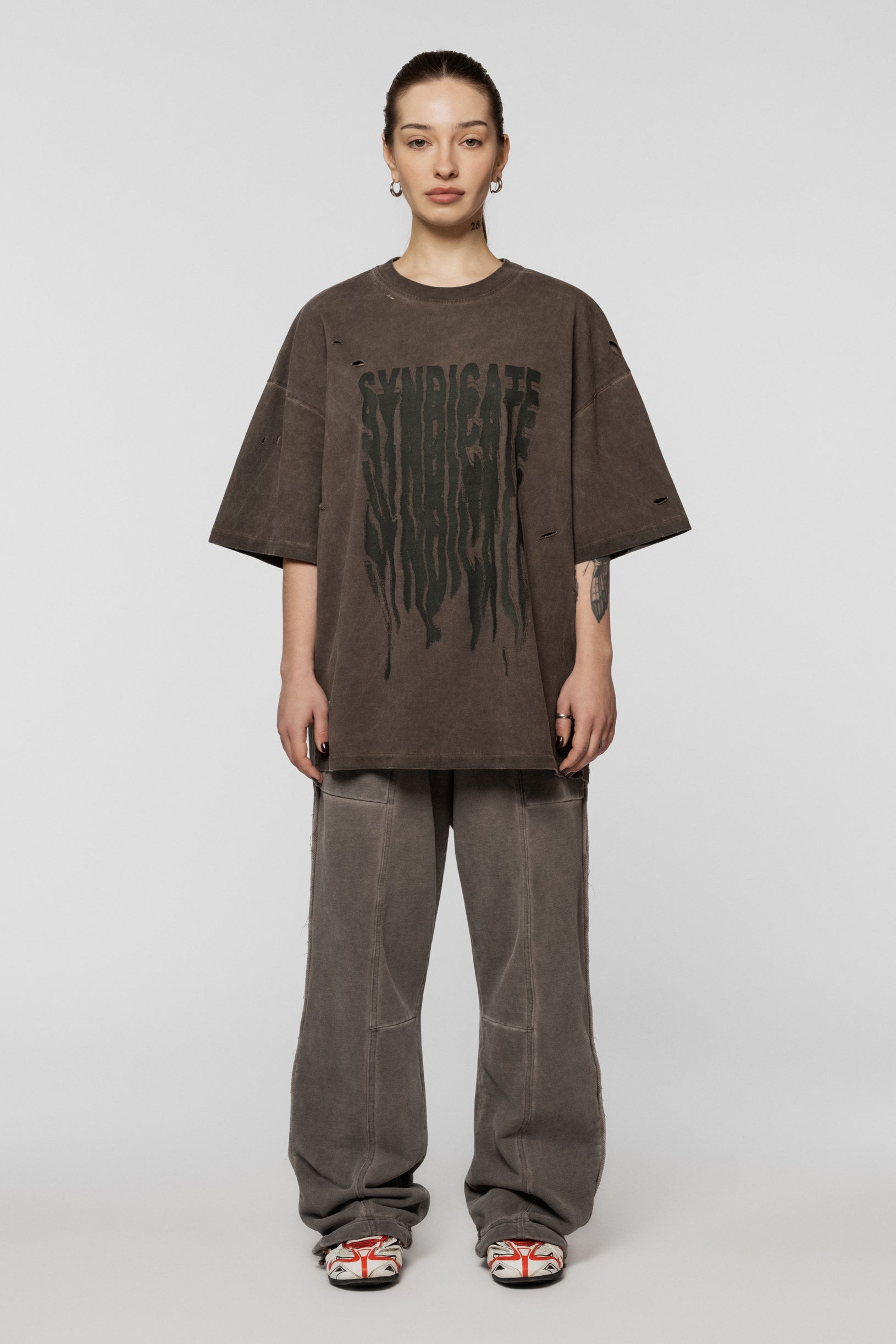 Ripped Faded Oversized T-shirt Brown