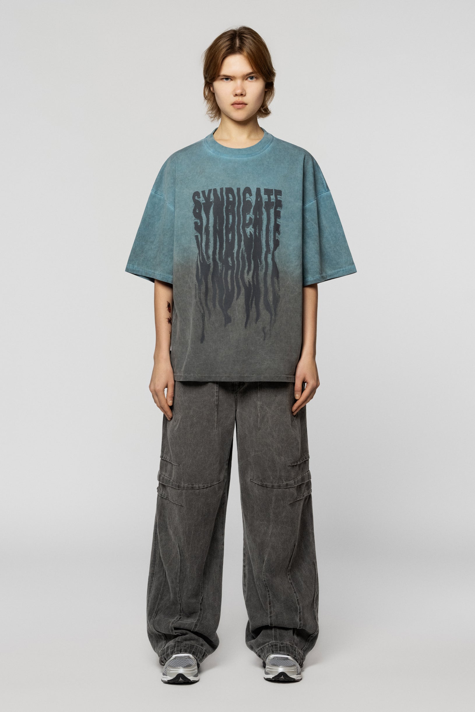 Faded Double Colored Oversize T-shirt Blue Grey