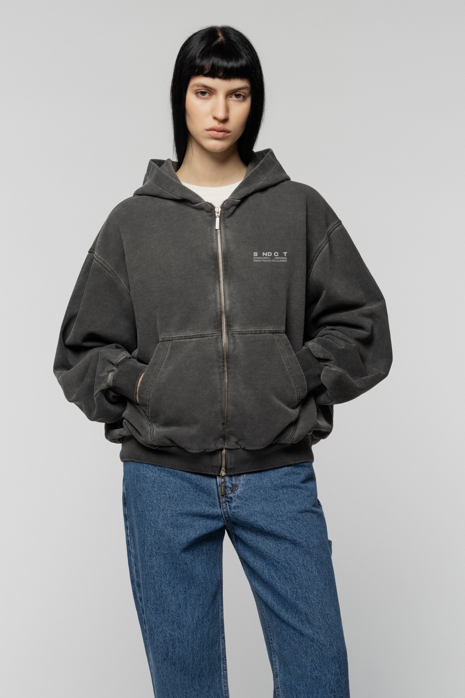 Faded Effect Zip Hoodie Grey