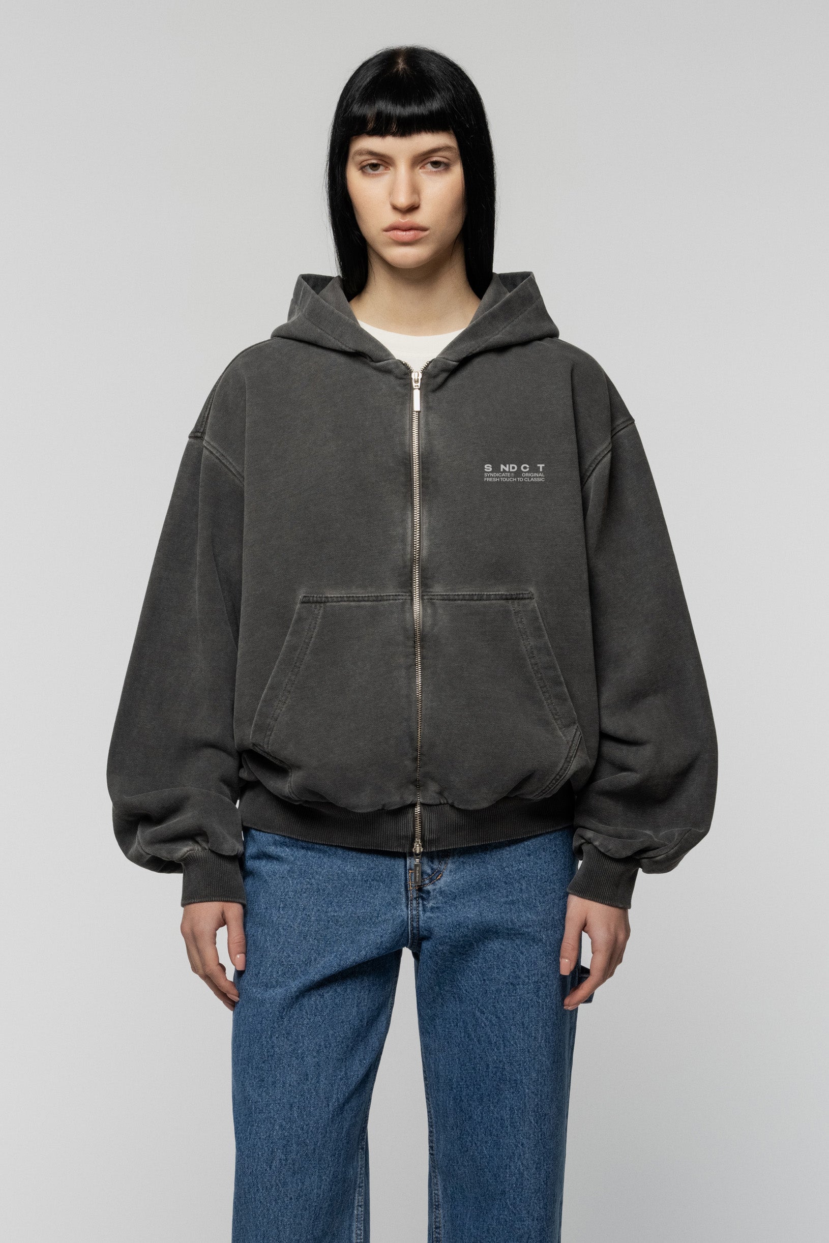 Faded Effect Zip Hoodie Grey