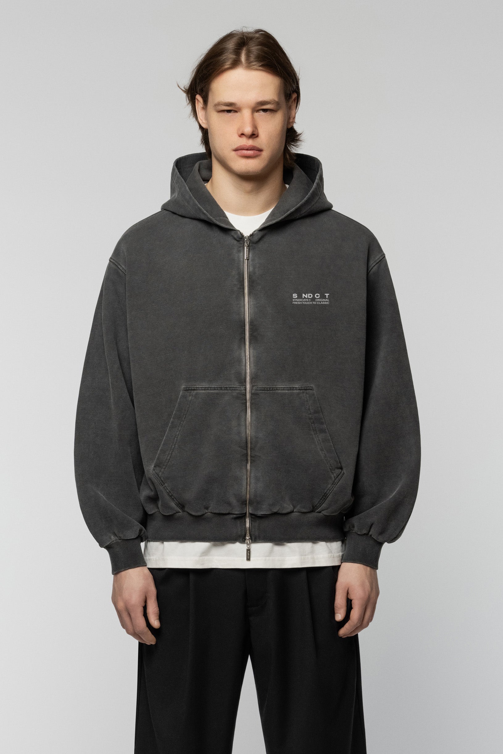 Faded Effect Zip Hoodie Grey
