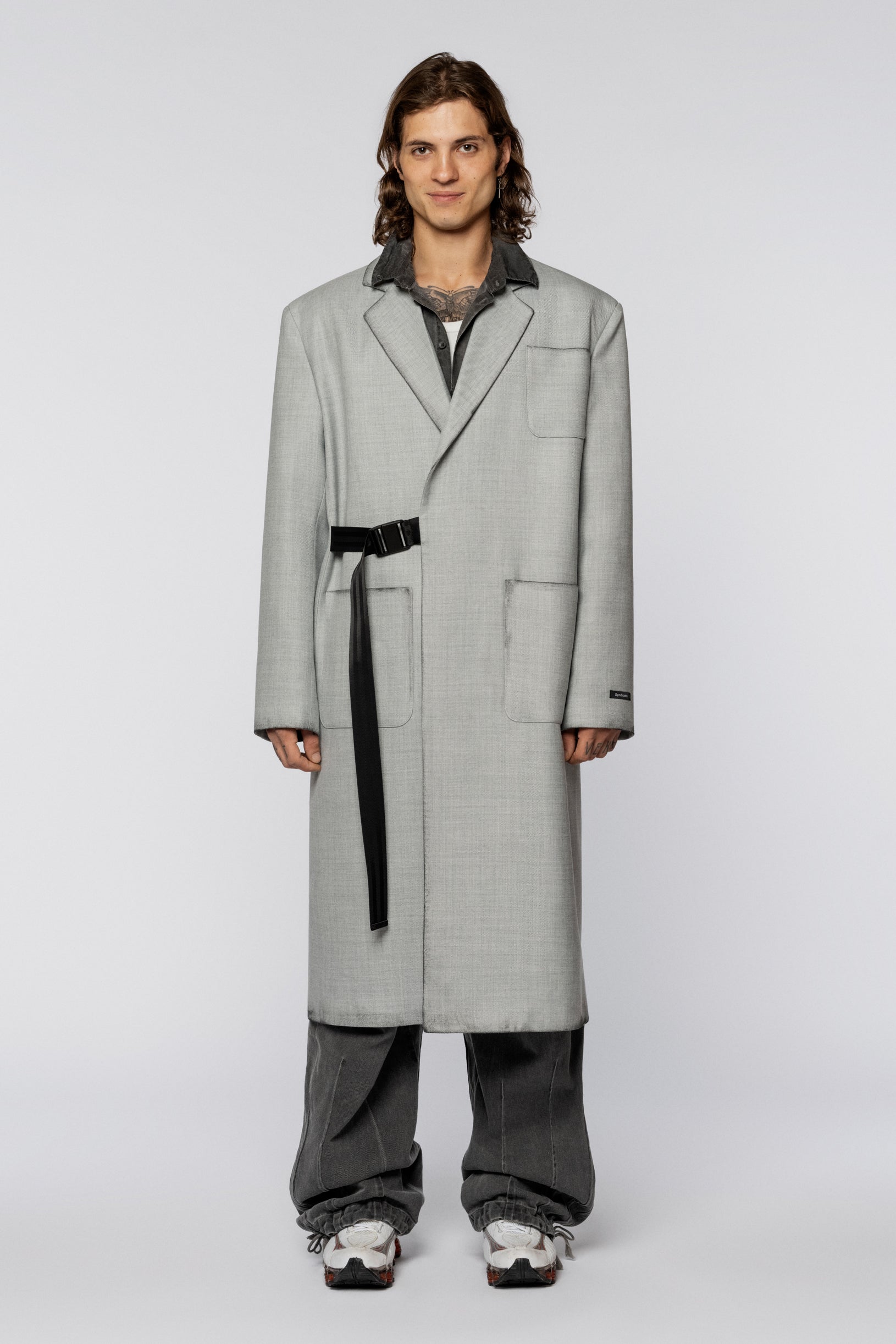 Grey oversize wool coat with patch pockets