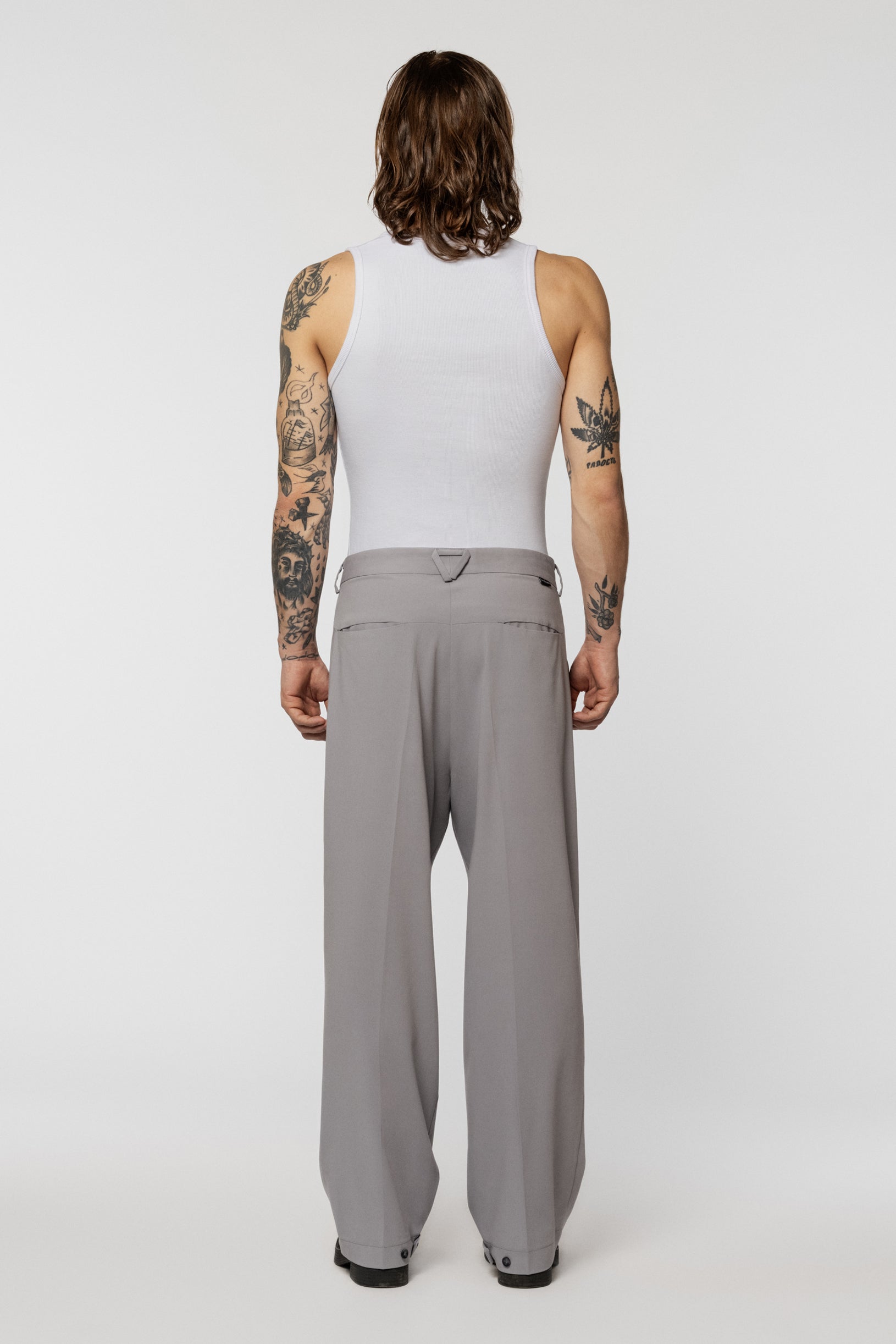 Grey wide-cut trousers made of viscose suit fabric