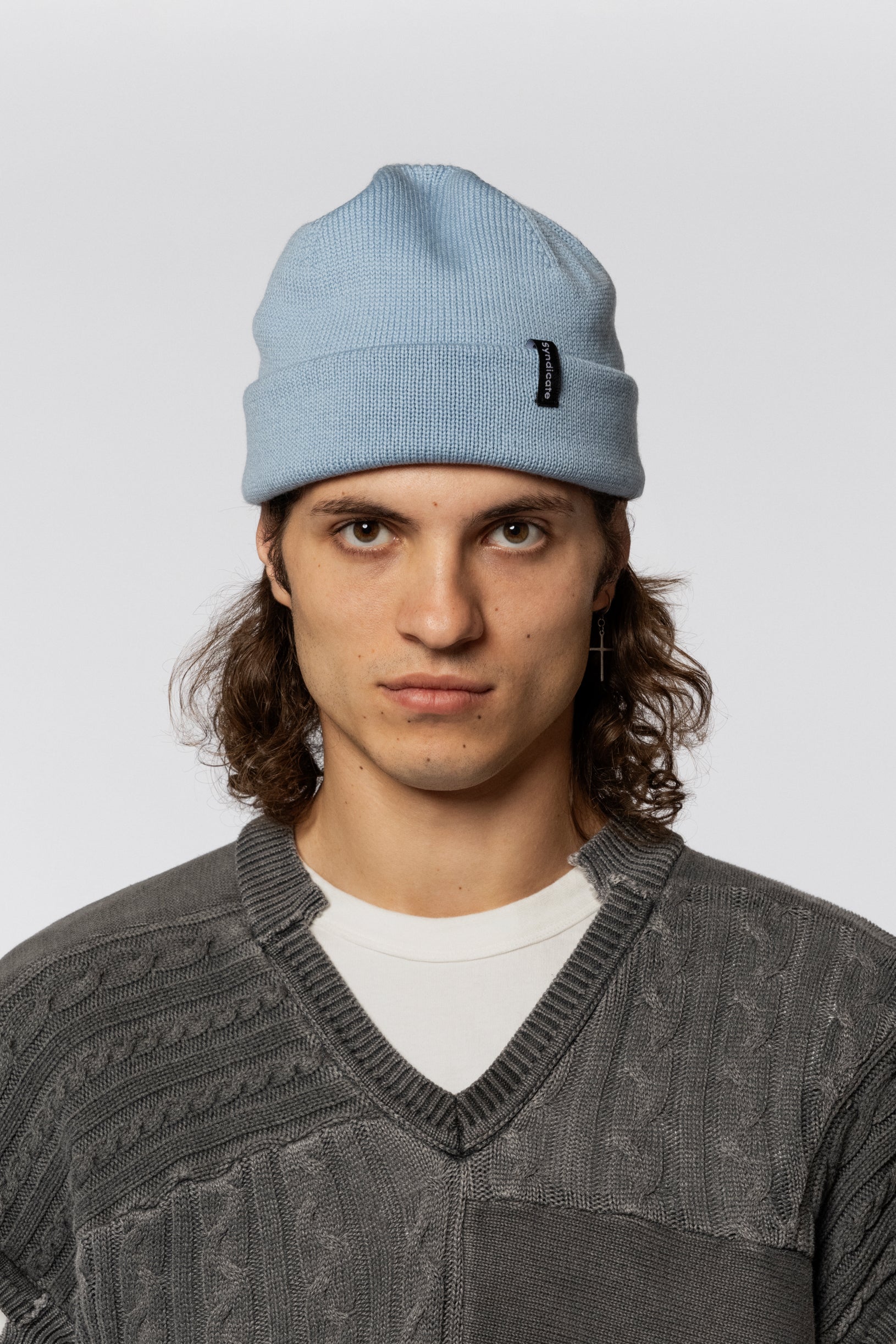 Blue merino hat with a tag — unisex style