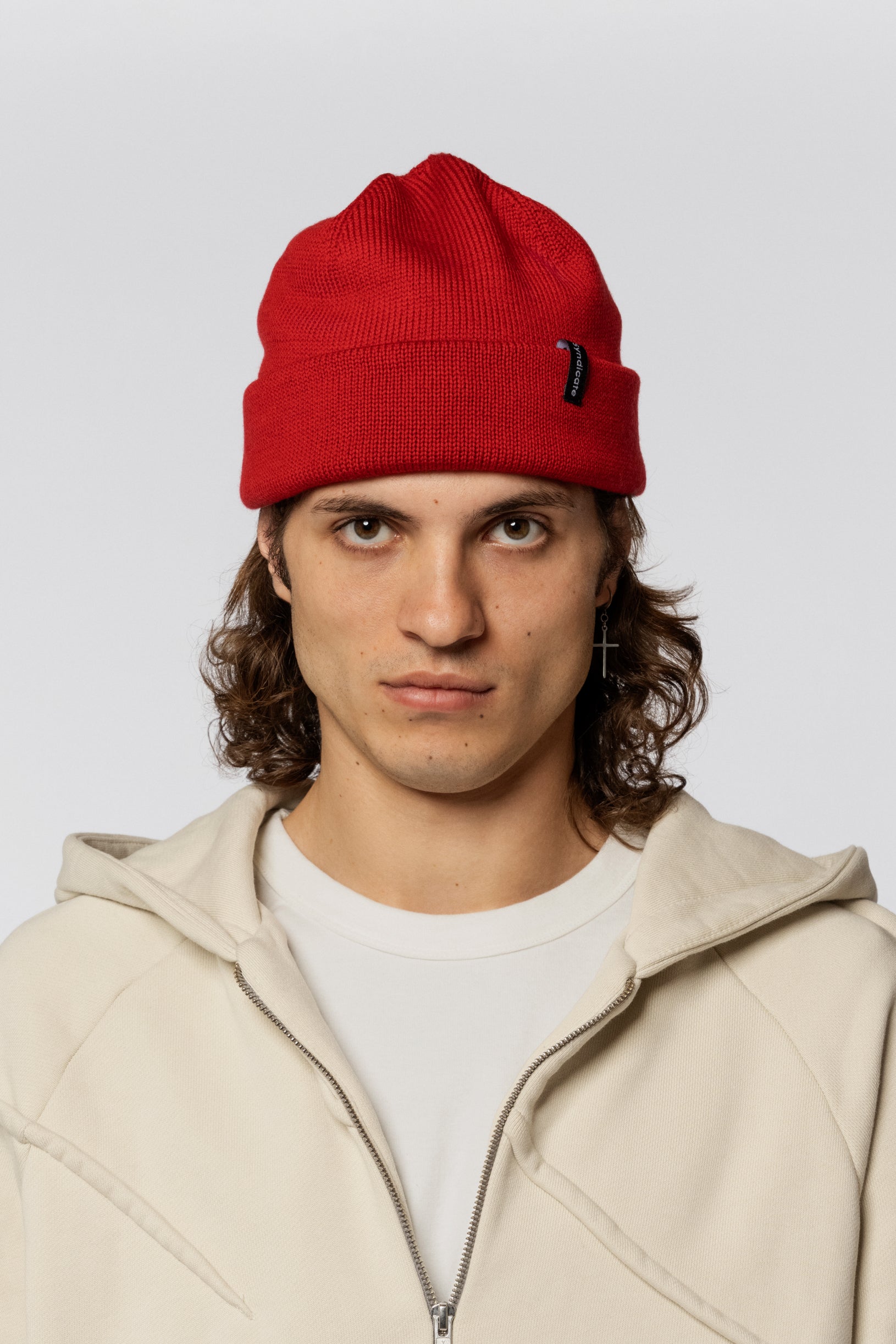 Bright red beanie made of merino wool, basic style