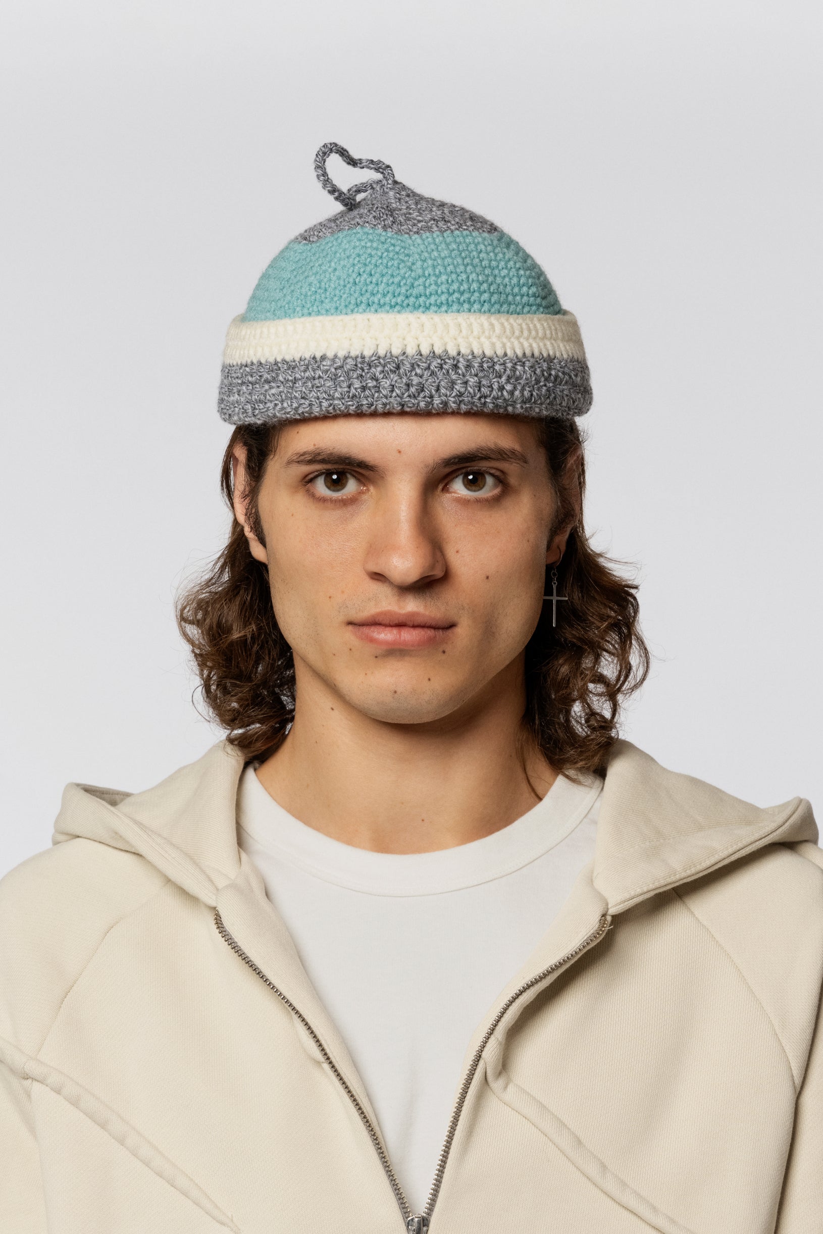 Hand Knitted Hat Grey Blue