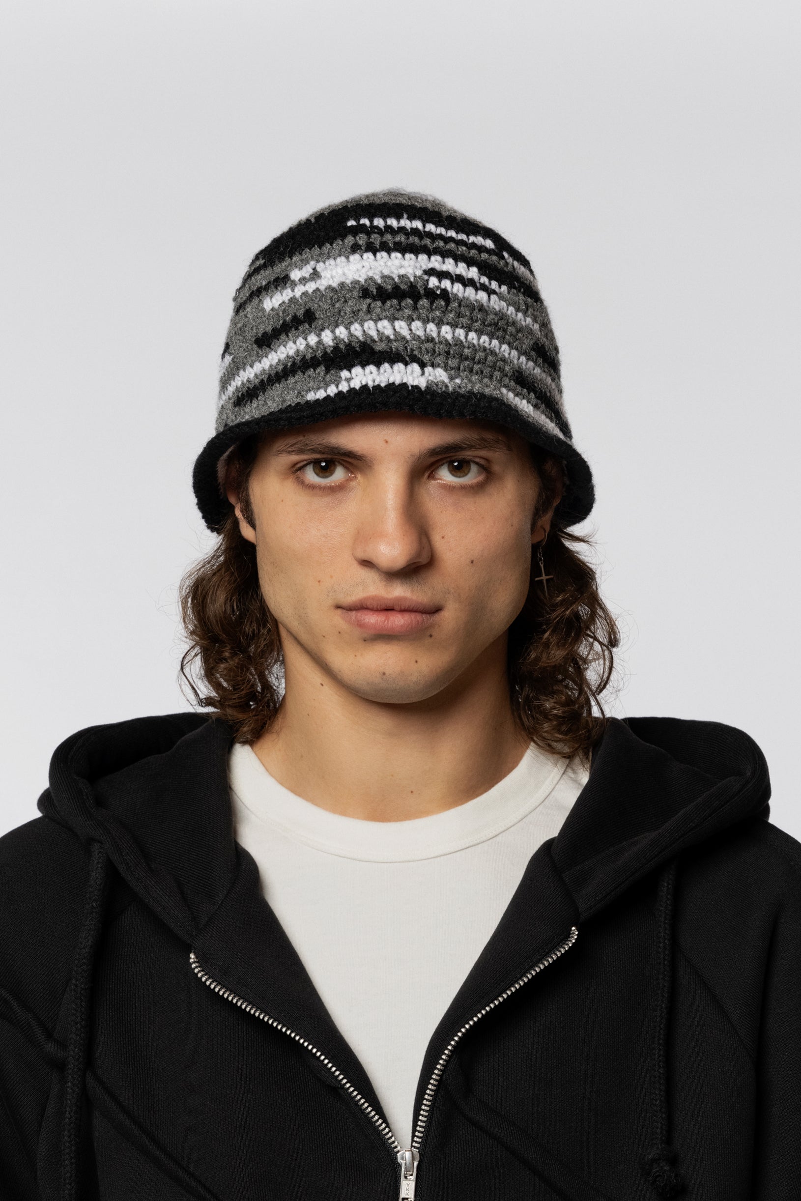 Hand Knitted Bucket Hat Camo Black Grey