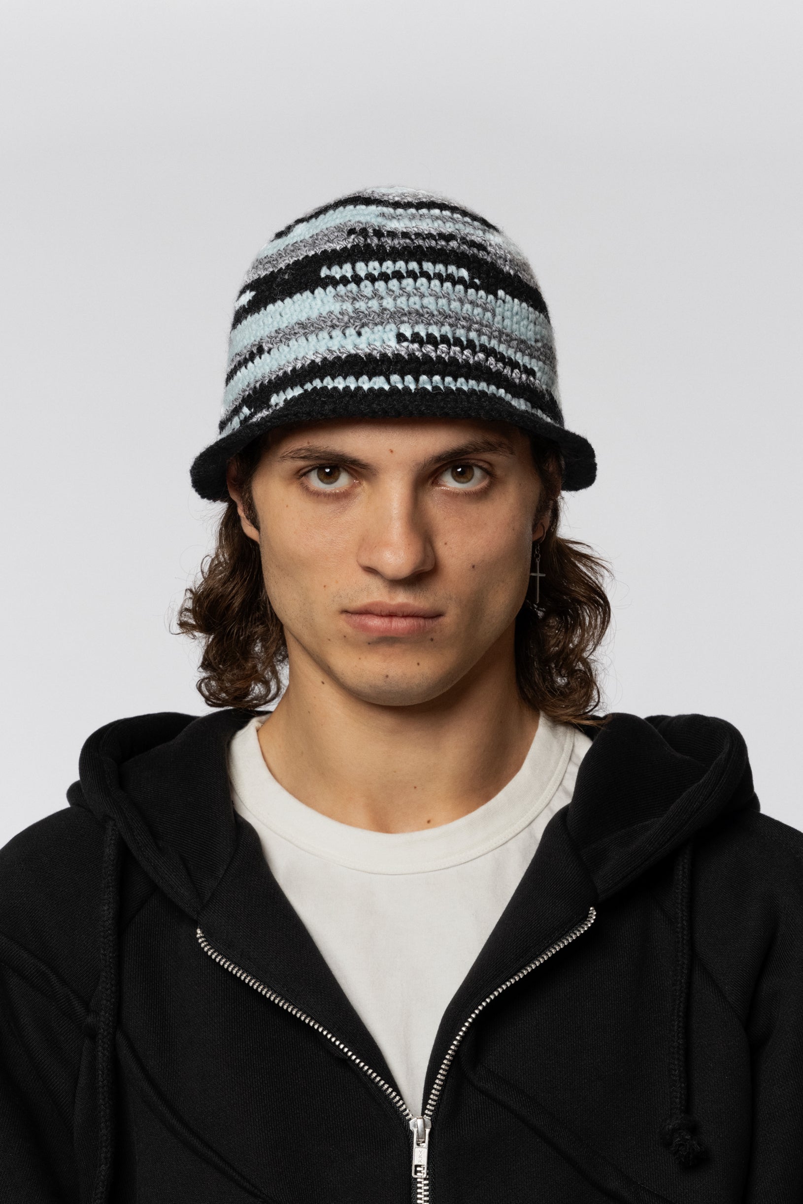 Hand Knitted Bucket Hat Camo Black Blue