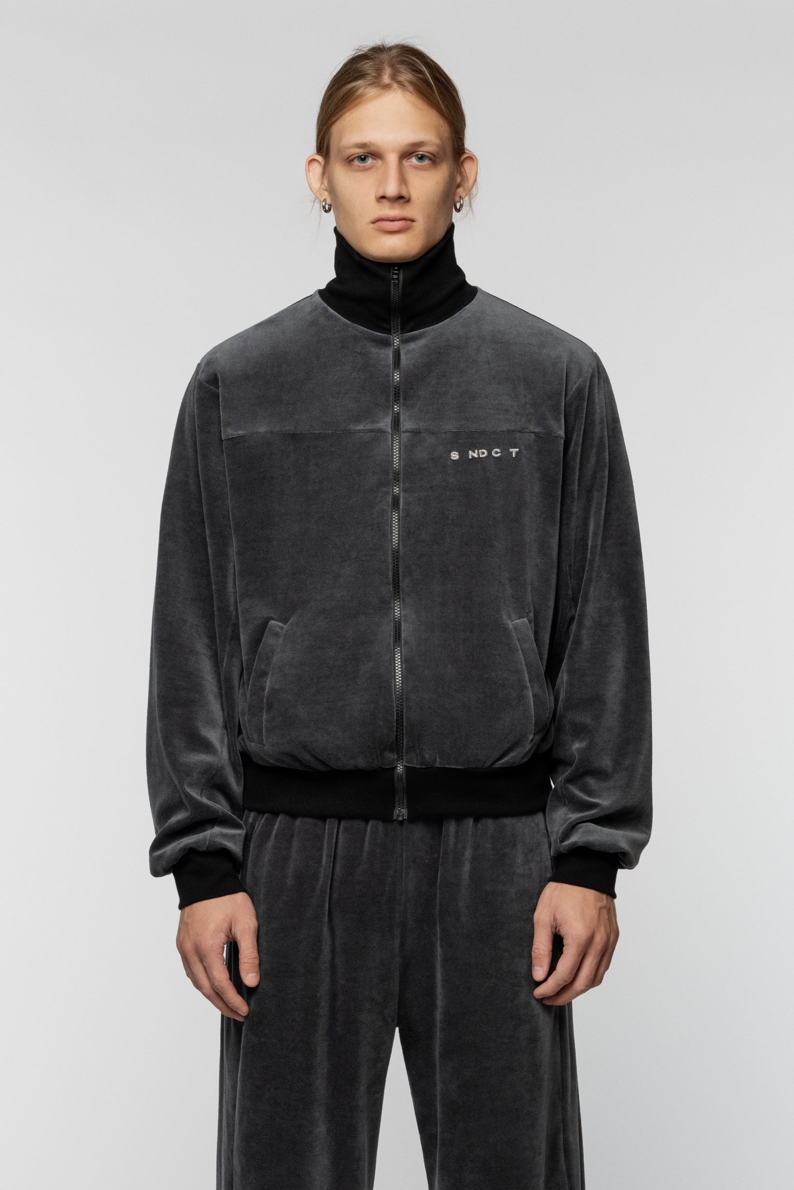 Grey velour track jacket with SNCT embroidery