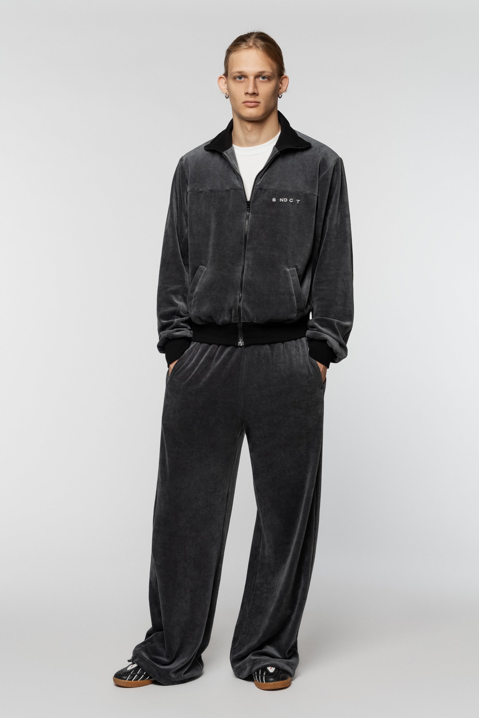 Grey velour track jacket with SNCT embroidery