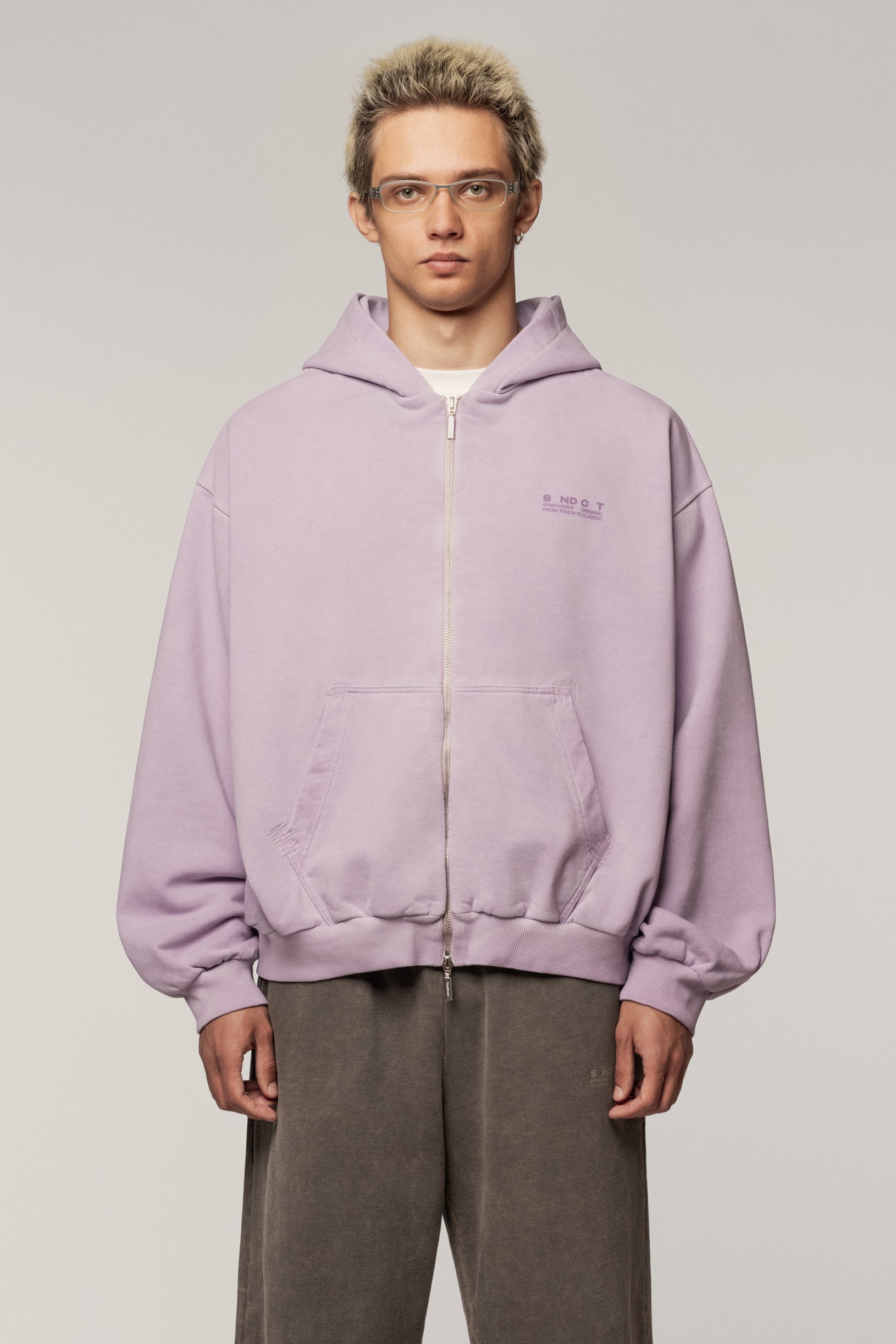 Faded Effect Zip Hoodie Lilac