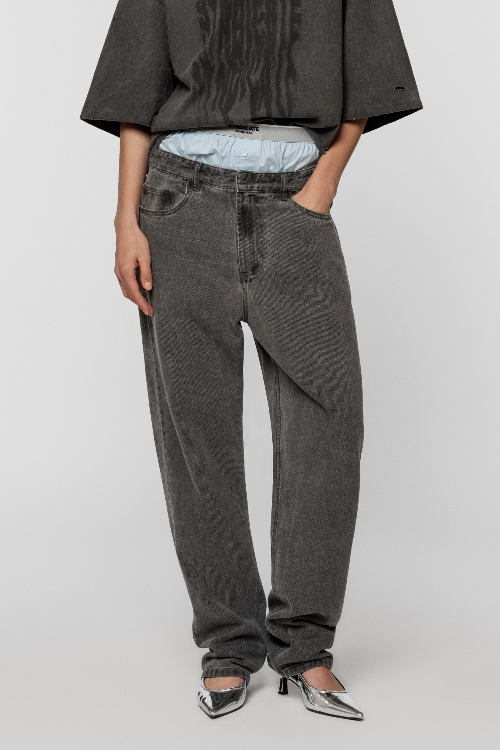 Джинси прямого крою сірі з ефектом вицвітання, 100% бавовна