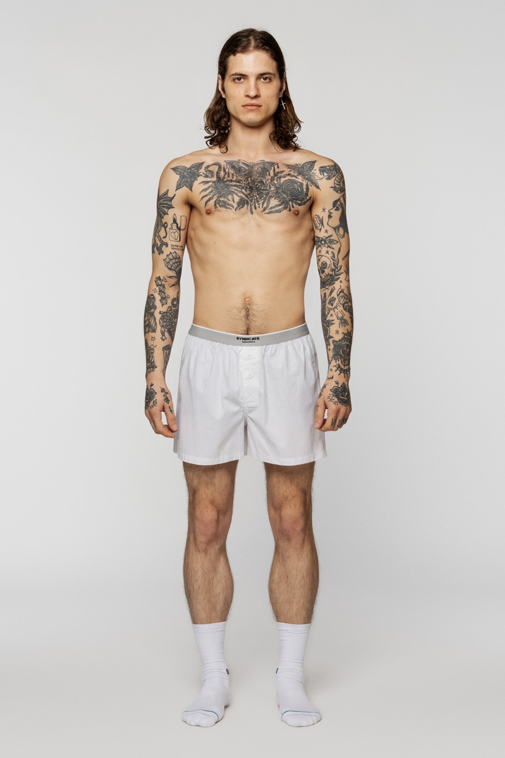 White men's cotton boxer briefs with buttons on the front