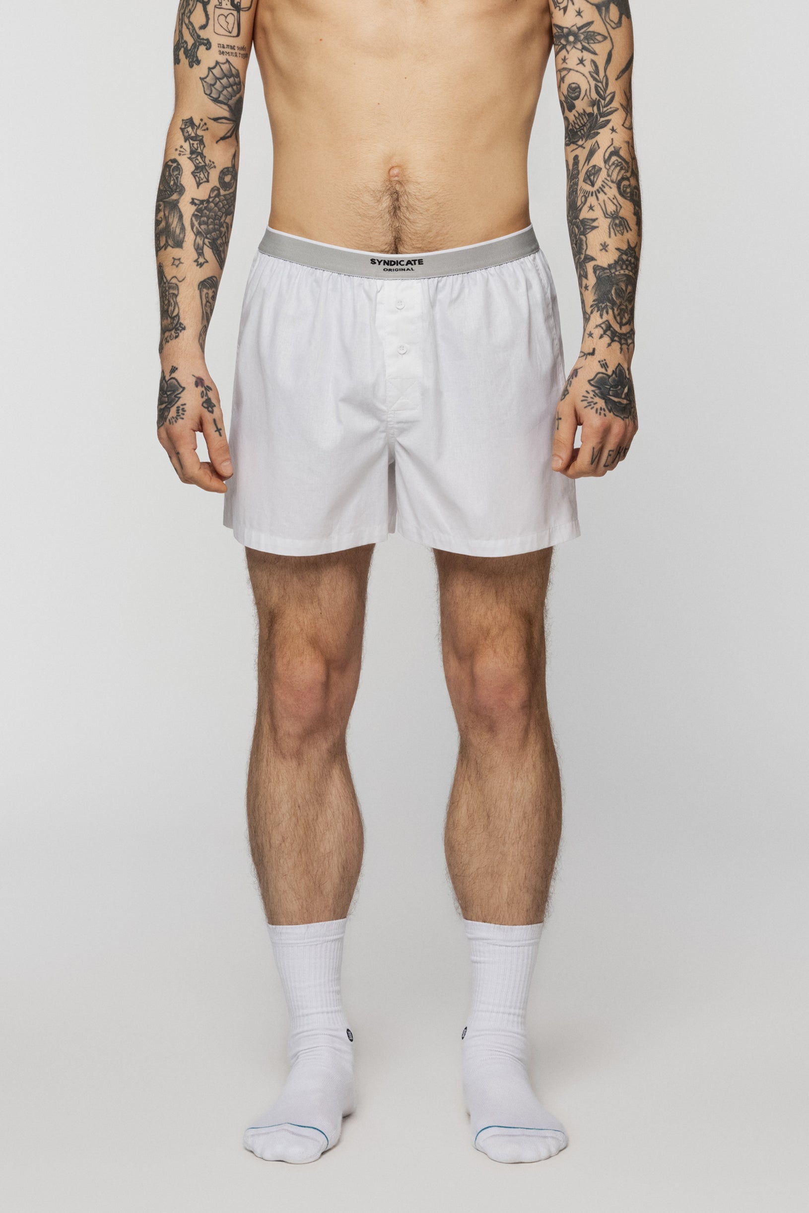 White men's cotton boxer briefs with buttons on the front