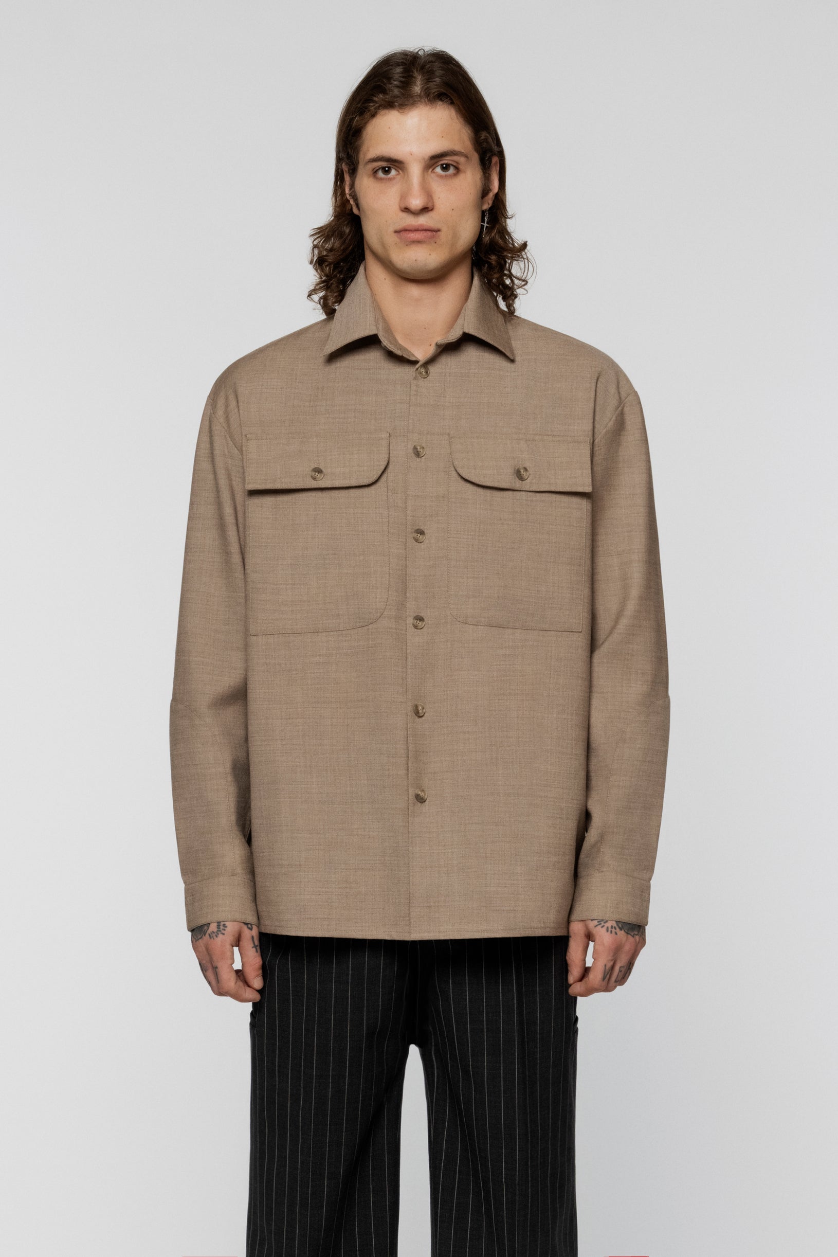 Wool Pockets Shirt Beige