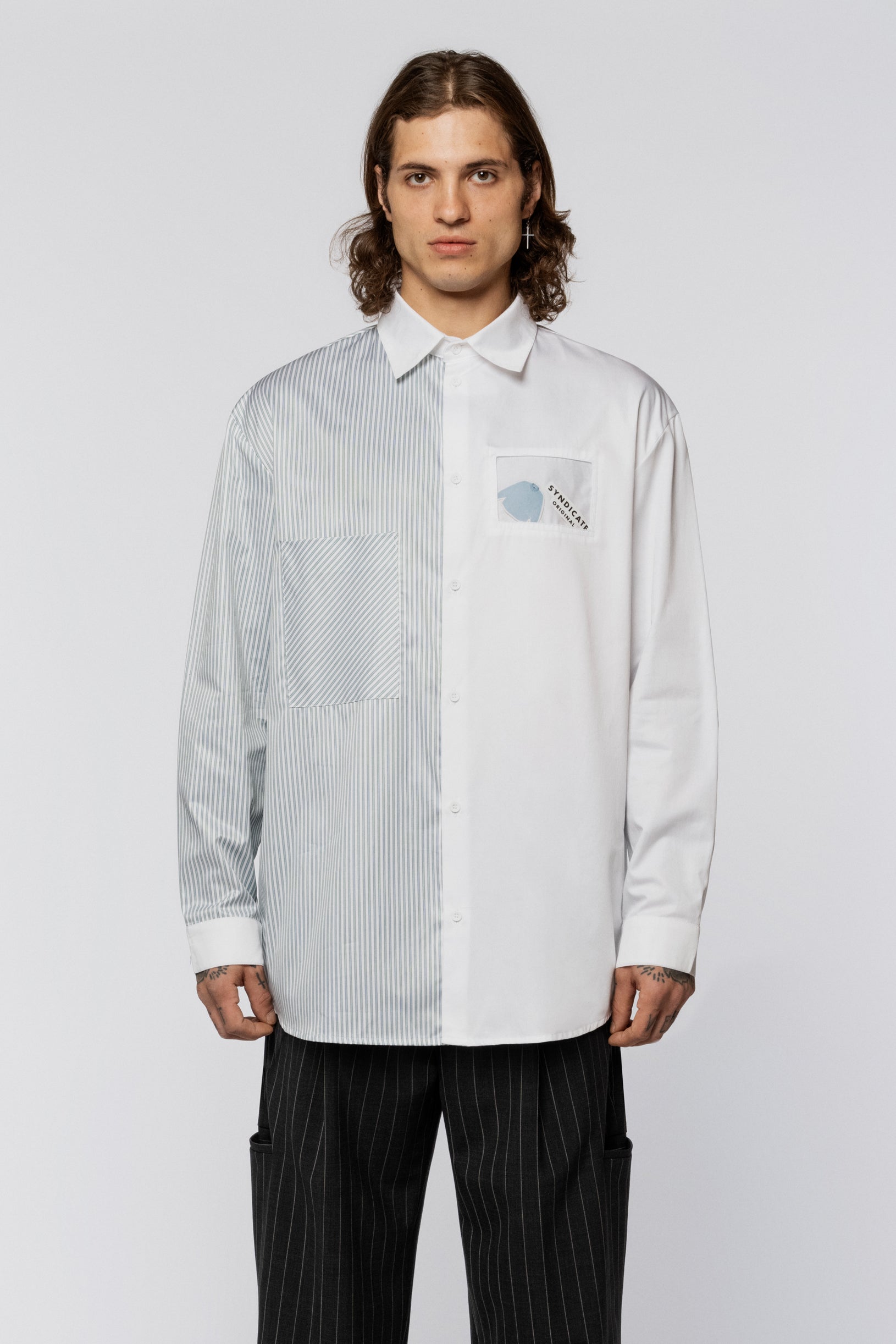 Unisex Lazy shirt with striped inserts and a patch