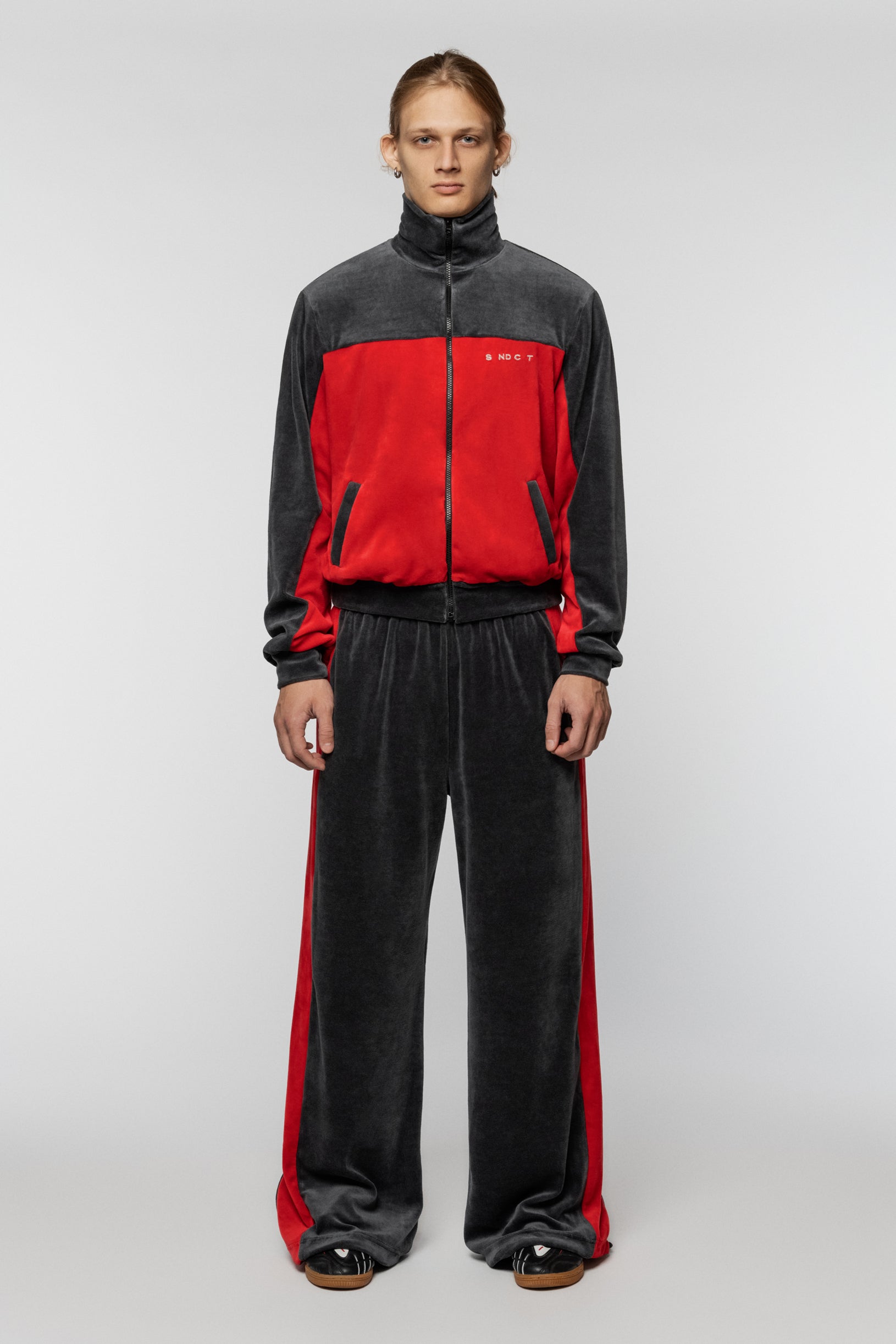 Red-grey Syndicate velour jacket with SNCT embroidery