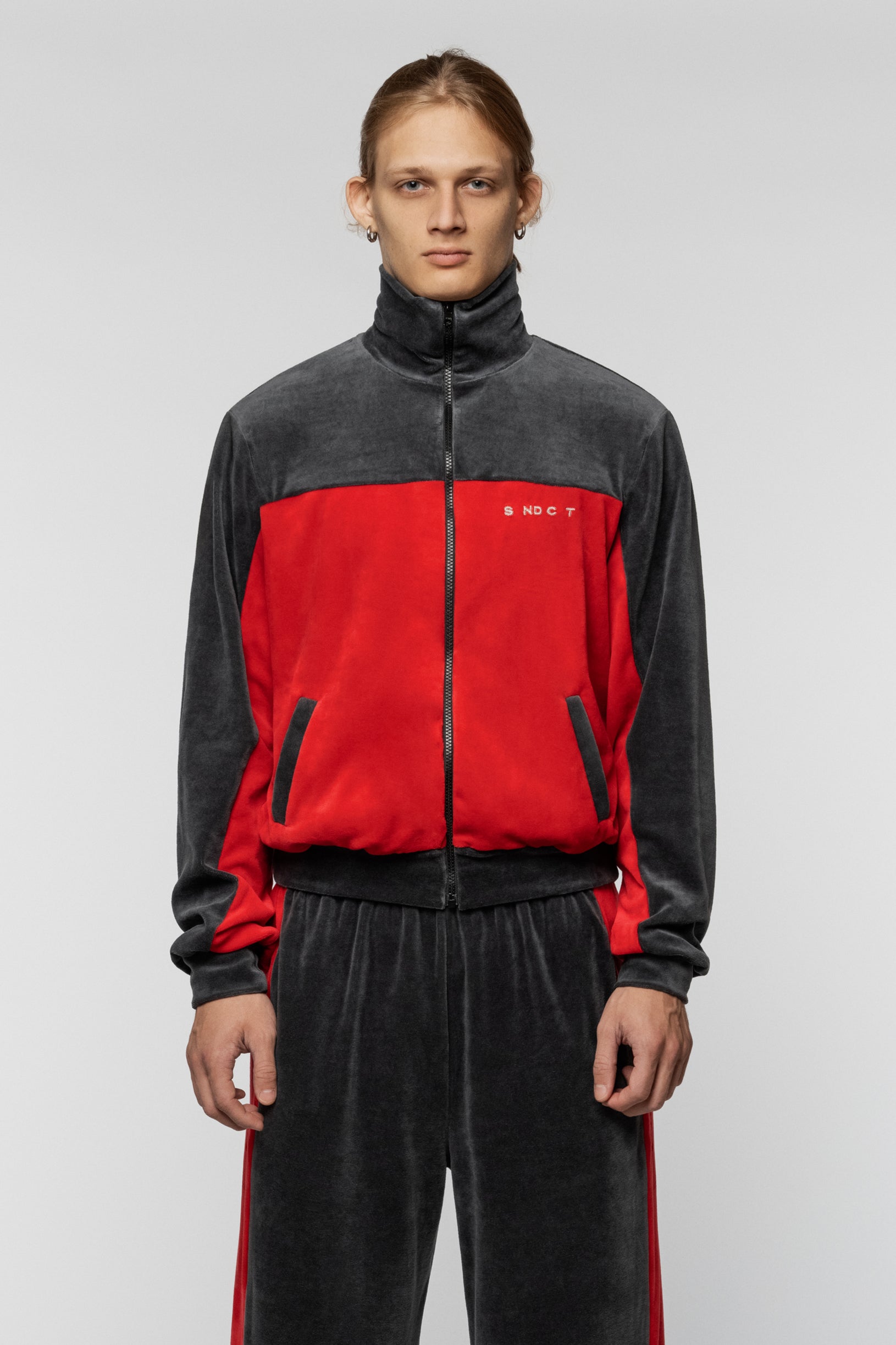 Red-grey Syndicate velour jacket with SNCT embroidery