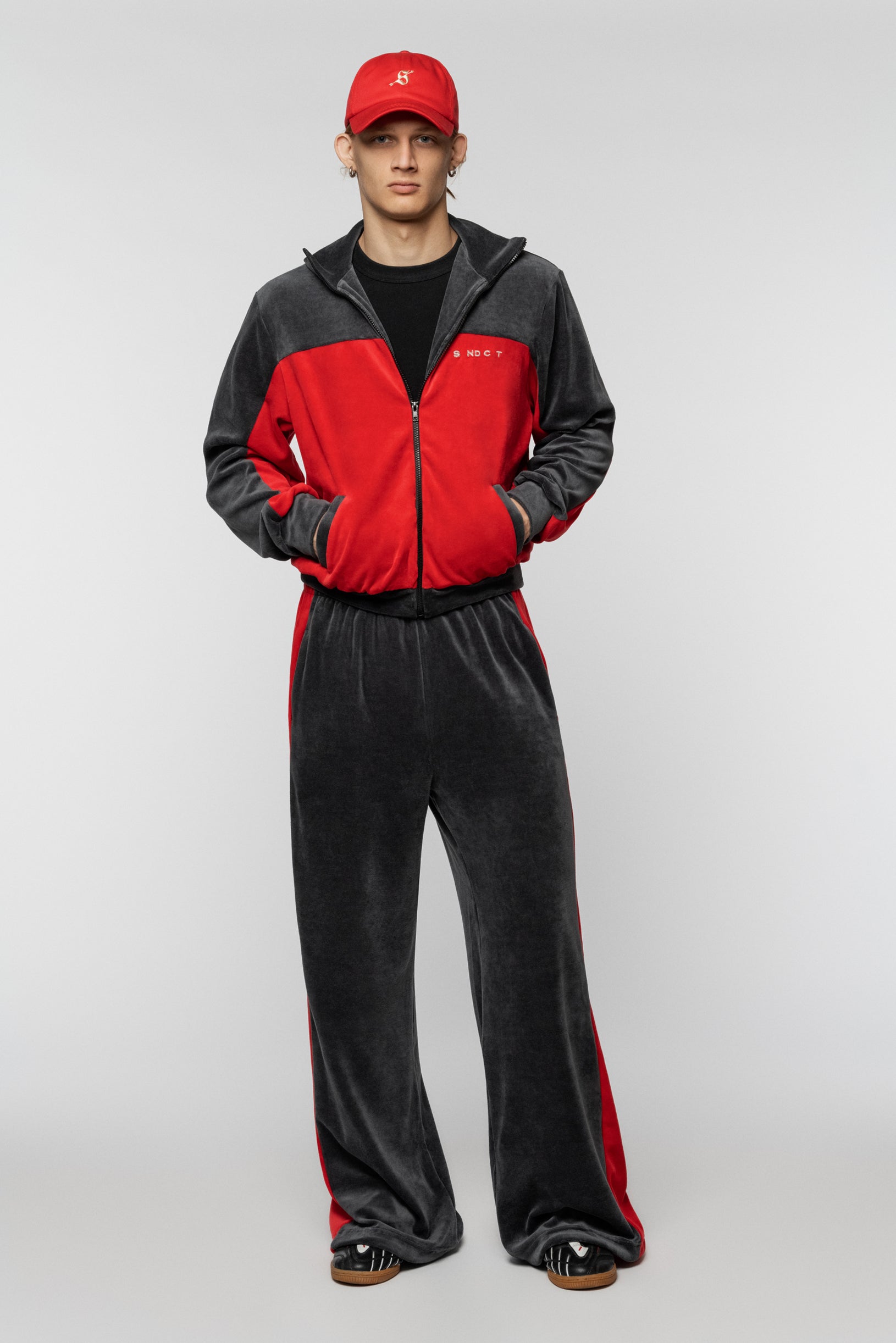 Red-grey Syndicate velour jacket with SNCT embroidery