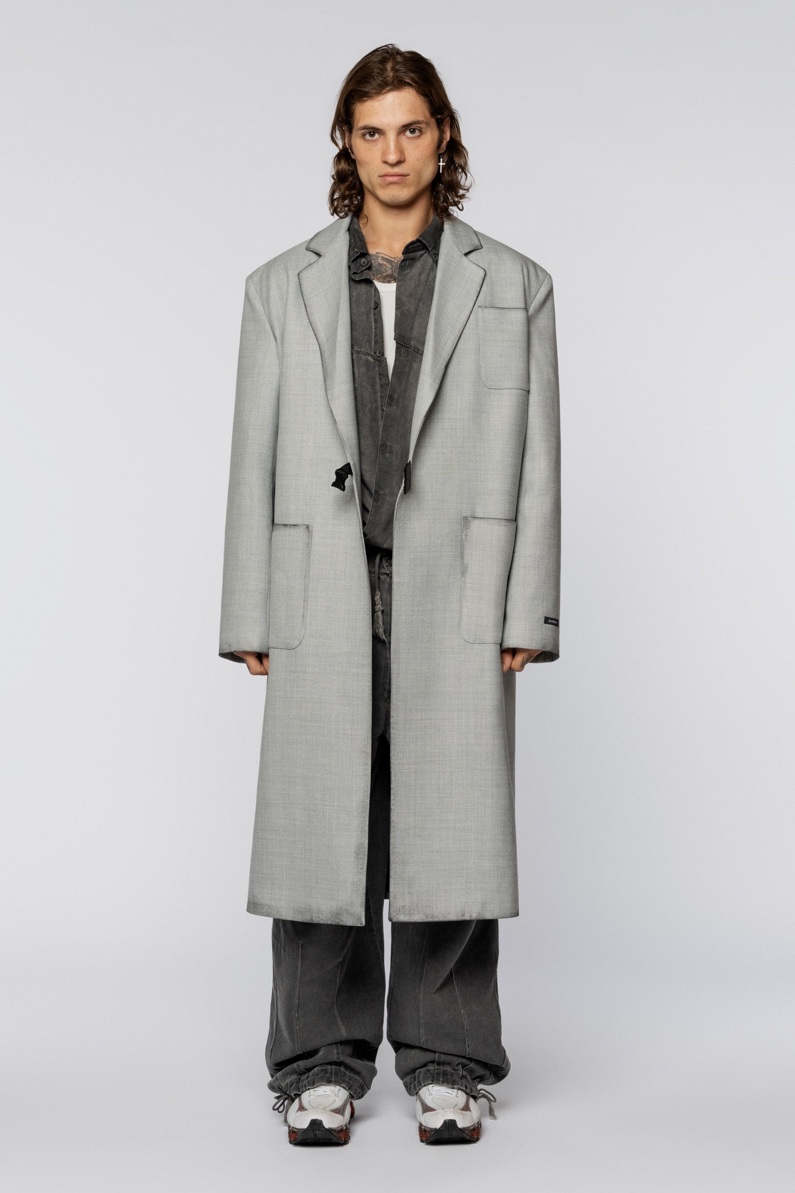 Grey oversize wool coat with patch pockets