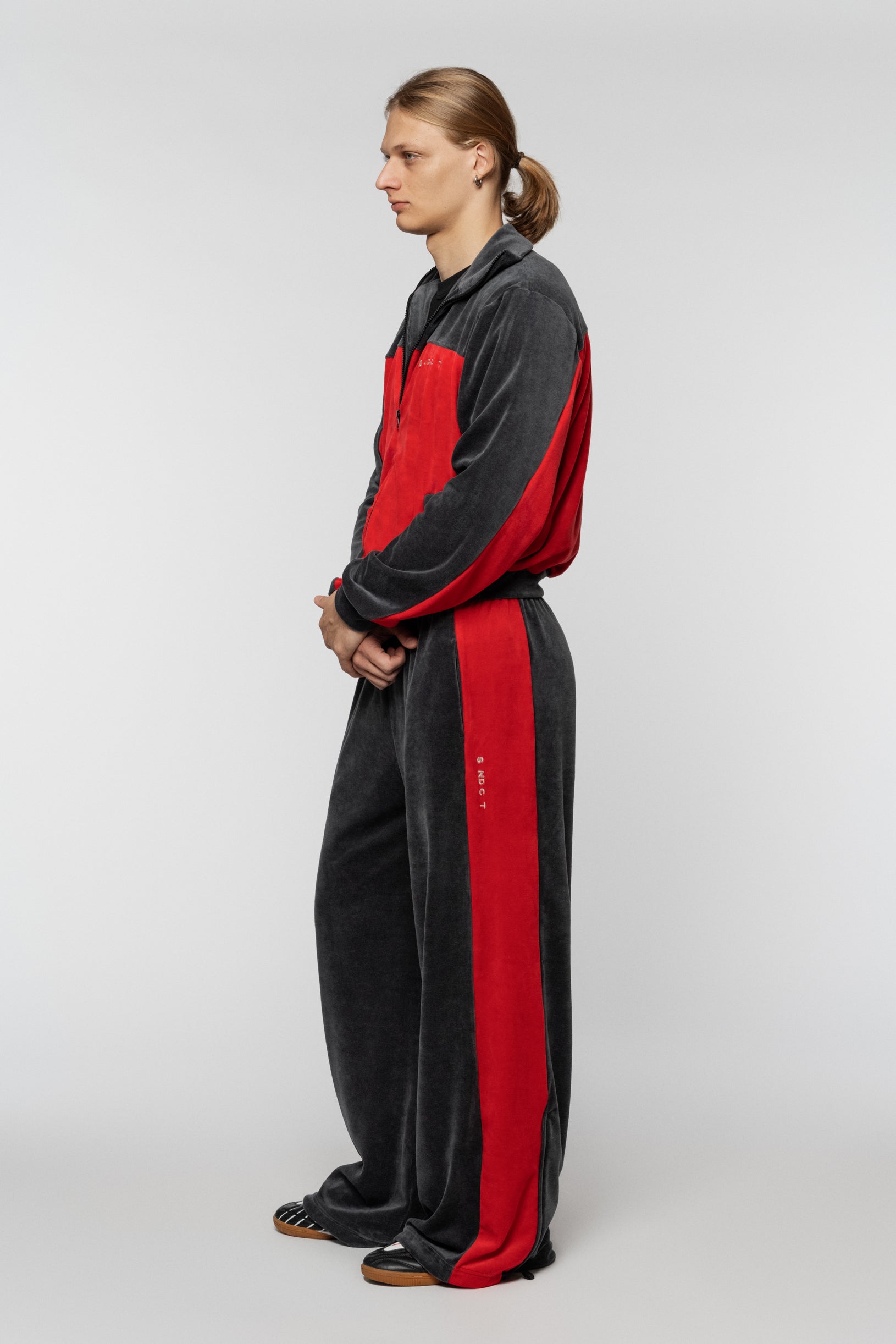 Red-grey Syndicate velour jacket with SNCT embroidery