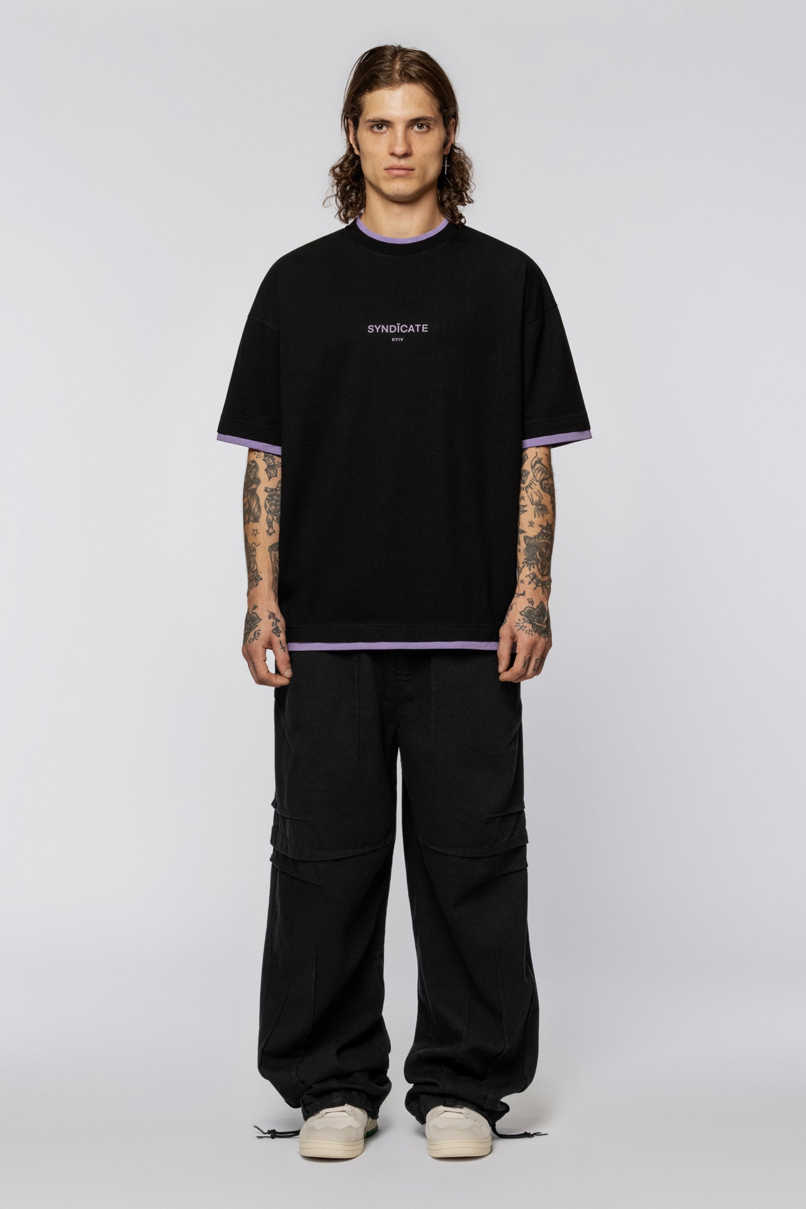 Double collar oversized T-shirt print Black