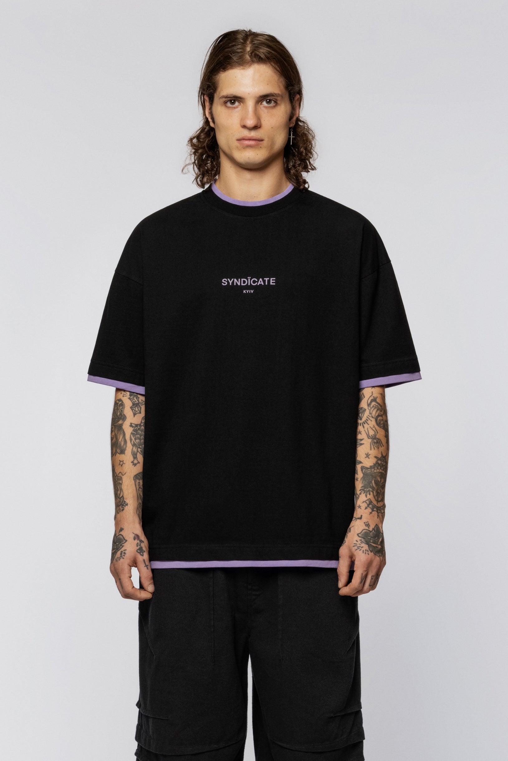 Double collar oversized T-shirt print Black