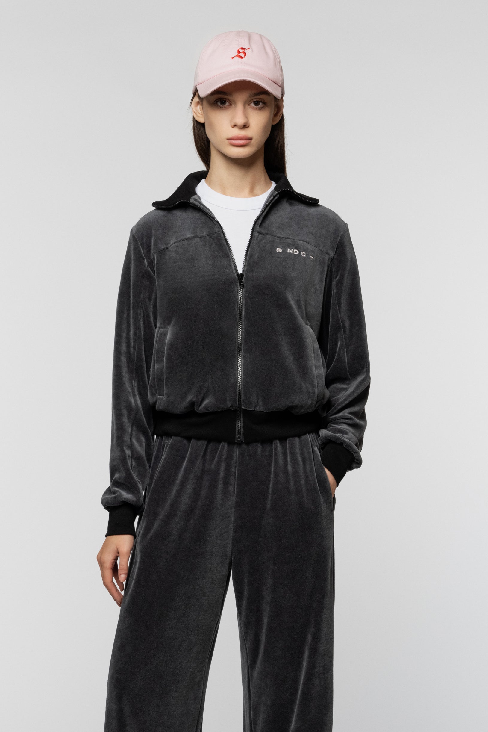 Grey velour track jacket with SNCT embroidery