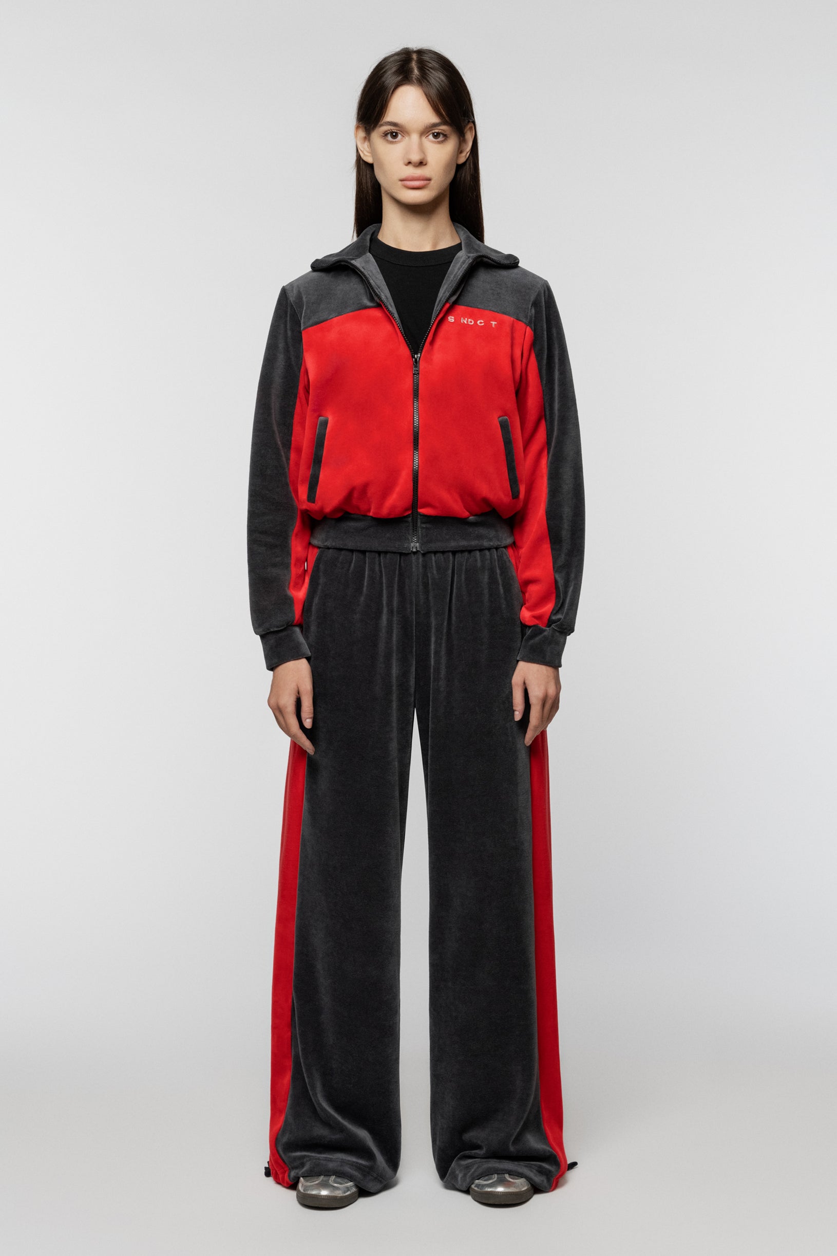 Red-grey Syndicate velour jacket with SNCT embroidery