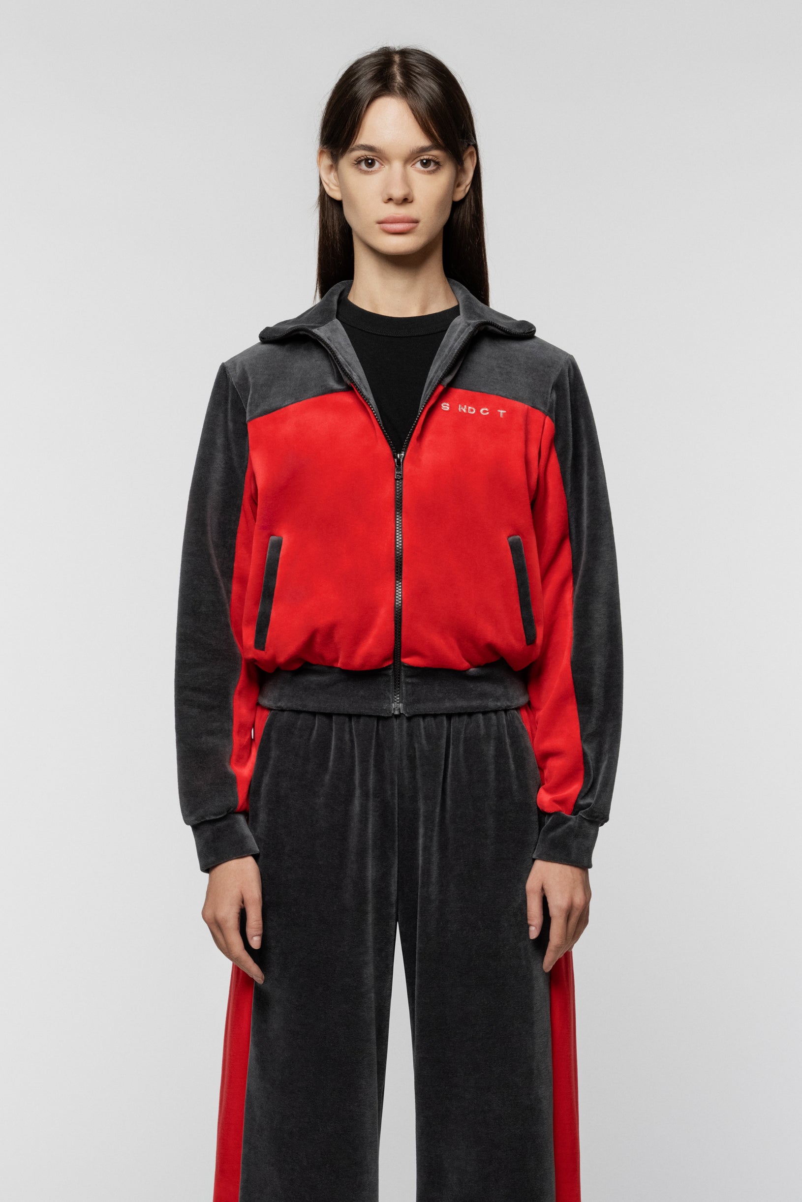 Red-grey Syndicate velour jacket with SNCT embroidery