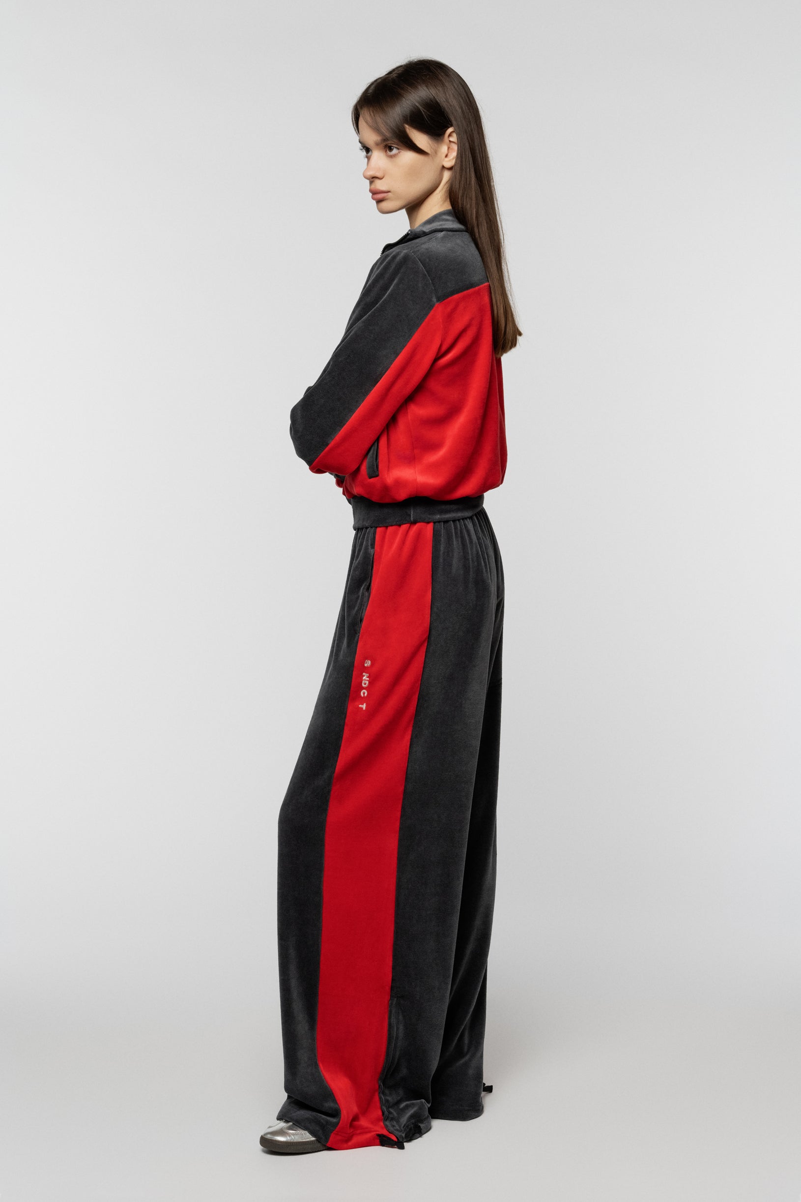 Red-grey Syndicate velour jacket with SNCT embroidery