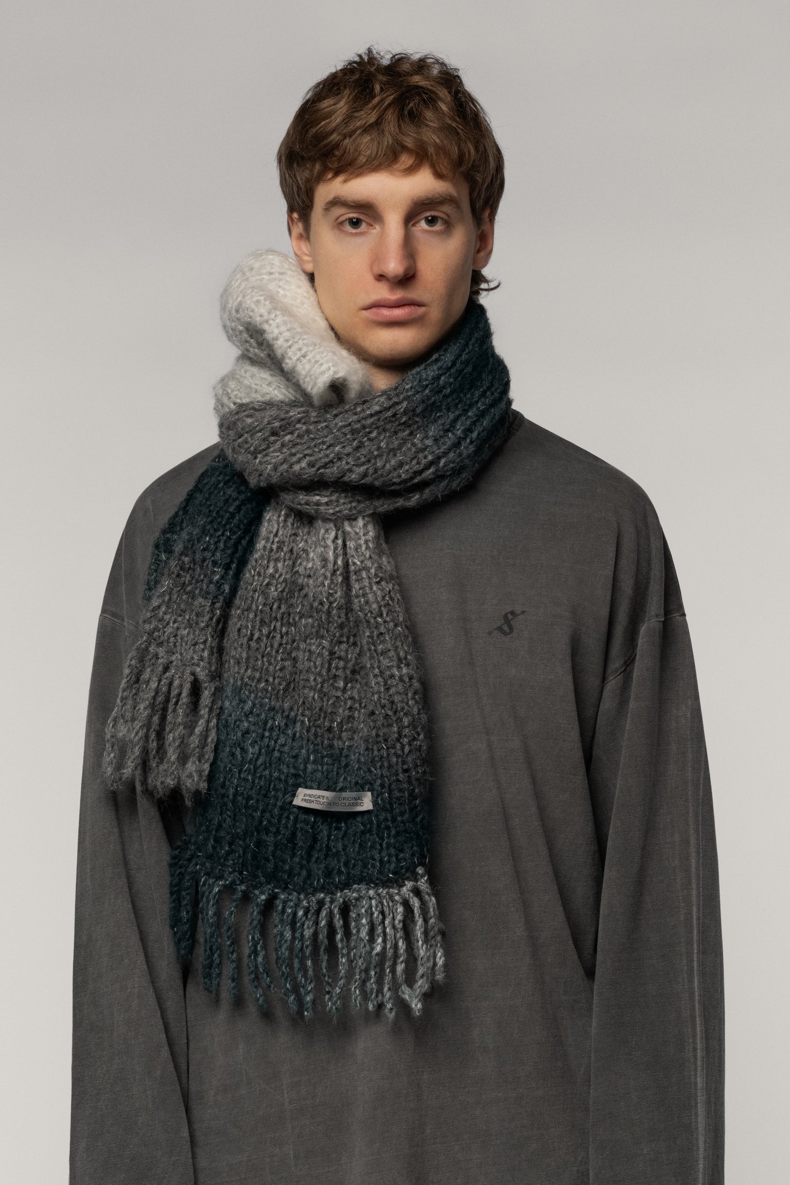 Hand Knitted Gradient Scarf Grey Green