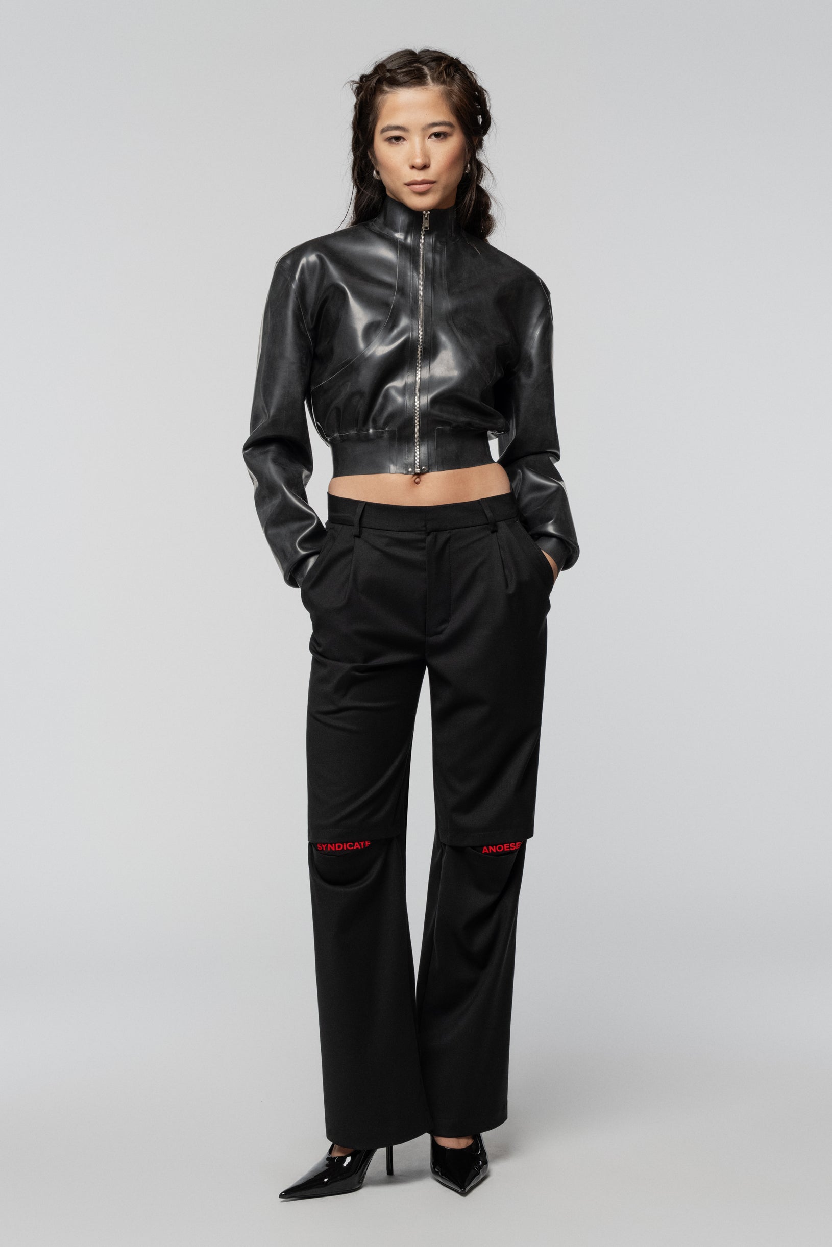 SNDCT X ANOESES Cropped Latex Bomber Jacket