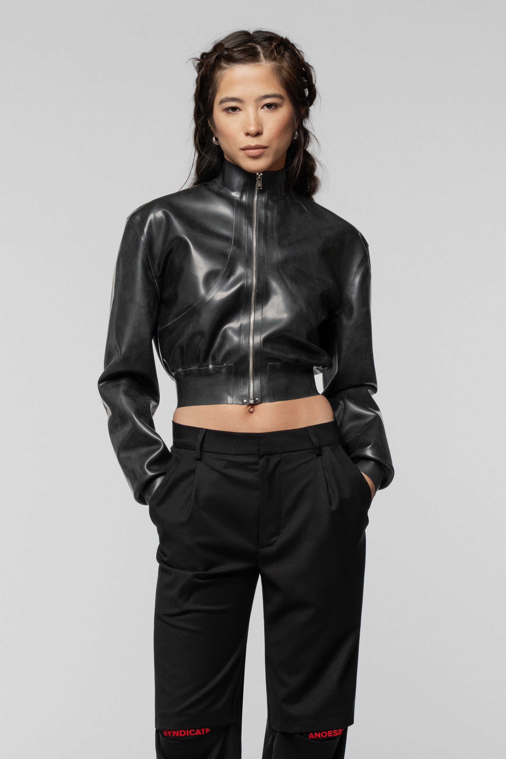 SNDCT X ANOESES Cropped Latex Bomber Jacket