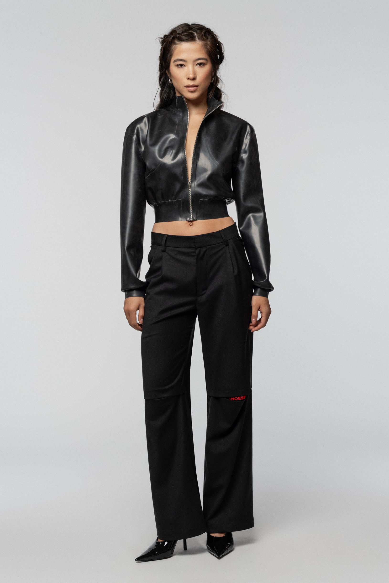 SNDCT X ANOESES Cropped Latex Bomber Jacket