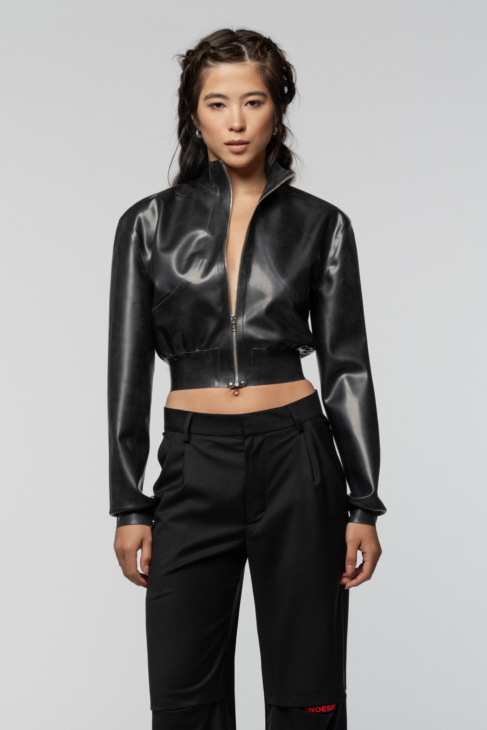 SNDCT X ANOESES Cropped Latex Bomber Jacket